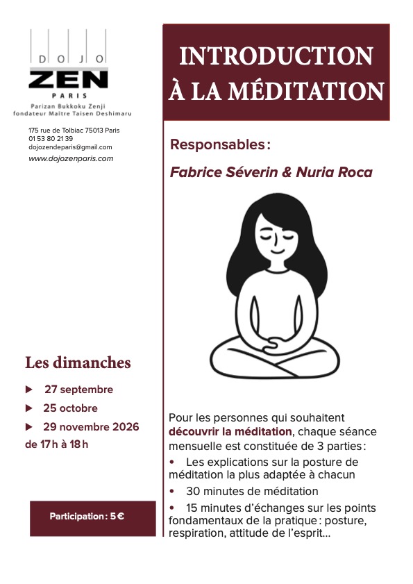 Présentation du programme et des dates des séances d'introduction à la méditation zen un diman che par mois de 17g à 18h