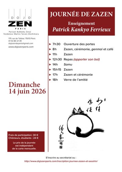 Affiche journée de zazen dirigée par Patrick Kankyo Ferrieux